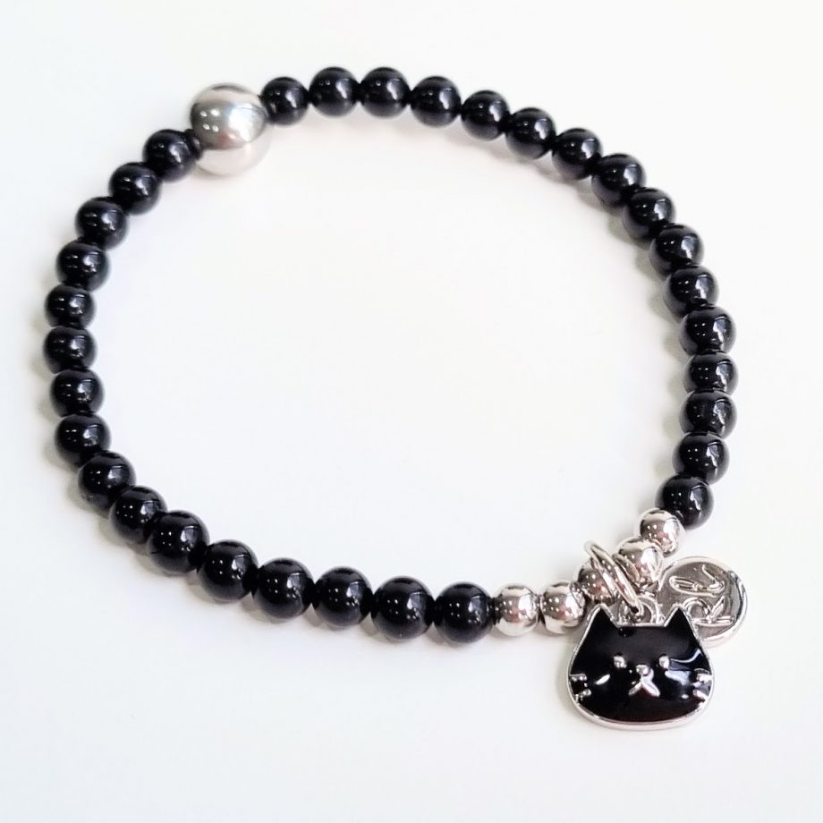 stackable black tourmaline crystal bracelet cat charm