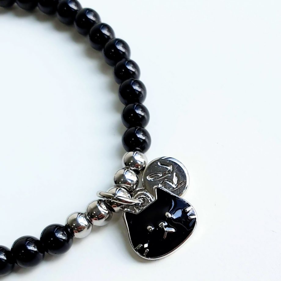 stackable black tourmaline crystal bracelet cat charm