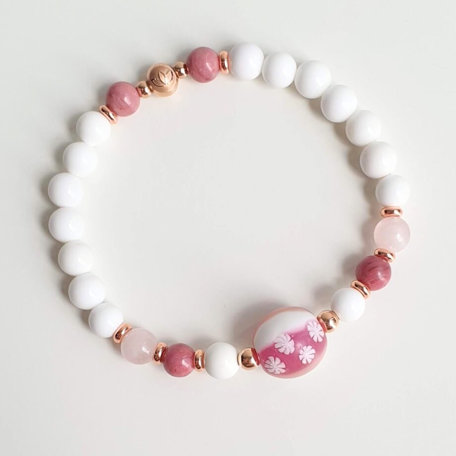 Tonbodama | Petite White Agate + Rhodonite + Rose Quartz Crystal Bracelet