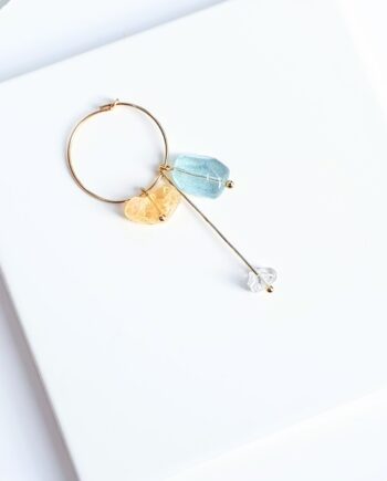 Earring | Hoop Aquamarine Nugget + Citrine + Clear Quartz
