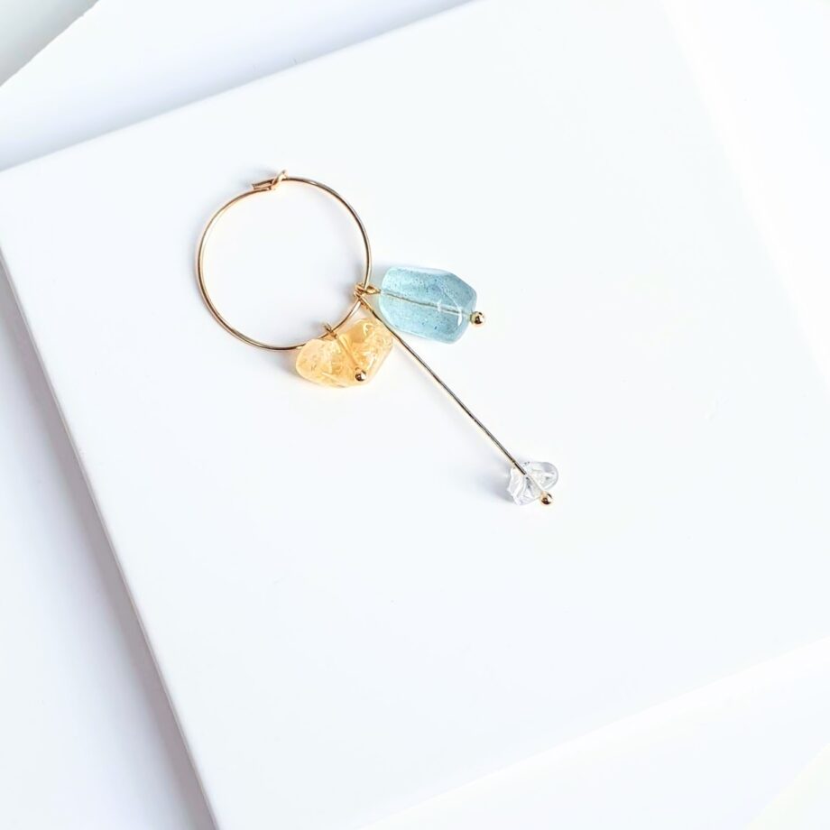 Earring | Hoop Aquamarine Nugget + Citrine + Clear Quartz