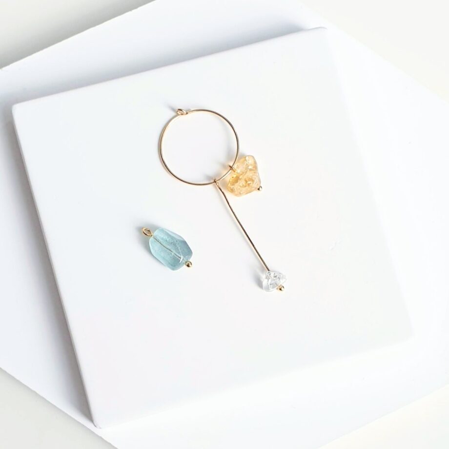 Earring | Hoop Aquamarine Nugget + Citrine + Clear Quartz