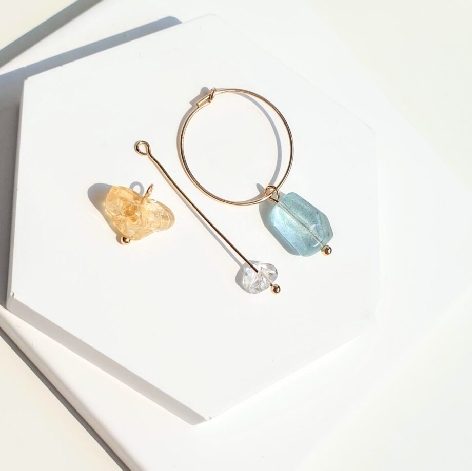 Earring | Hoop Aquamarine Nugget + Citrine + Clear Quartz