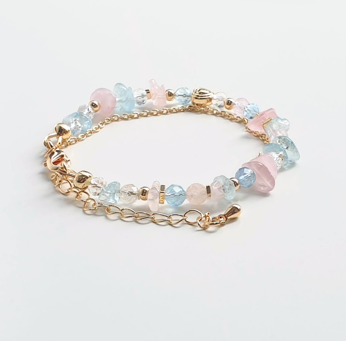 Chain Aquamarine + Beryl + Rose Quartz Crystal Bracelet