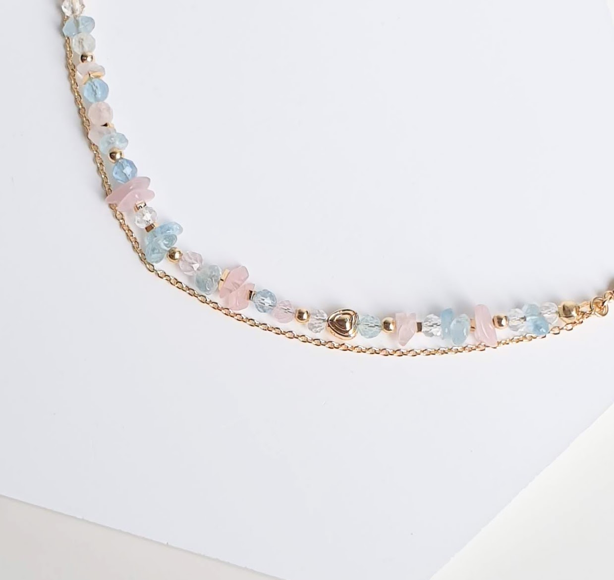 Chain Aquamarine + Beryl + Rose Quartz Crystal Bracelet