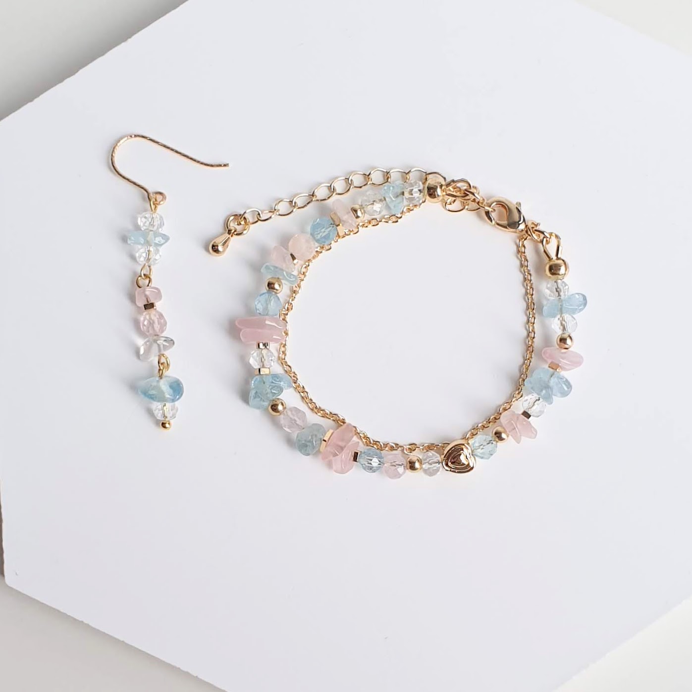 Chain Aquamarine + Beryl + Rose Quartz Crystal Bracelet