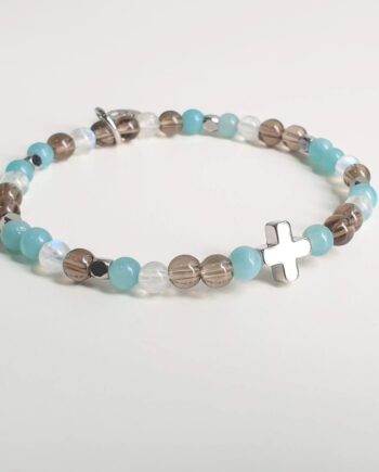 Stackable Amazonite + Moonstone + Smoky Quartz (Cross) Crystal Bracelet