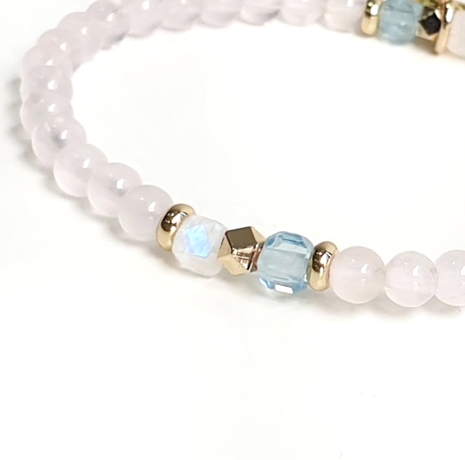 Stackable Rose Quartz + Aquamarine +Moonstone Crystal Bracelet