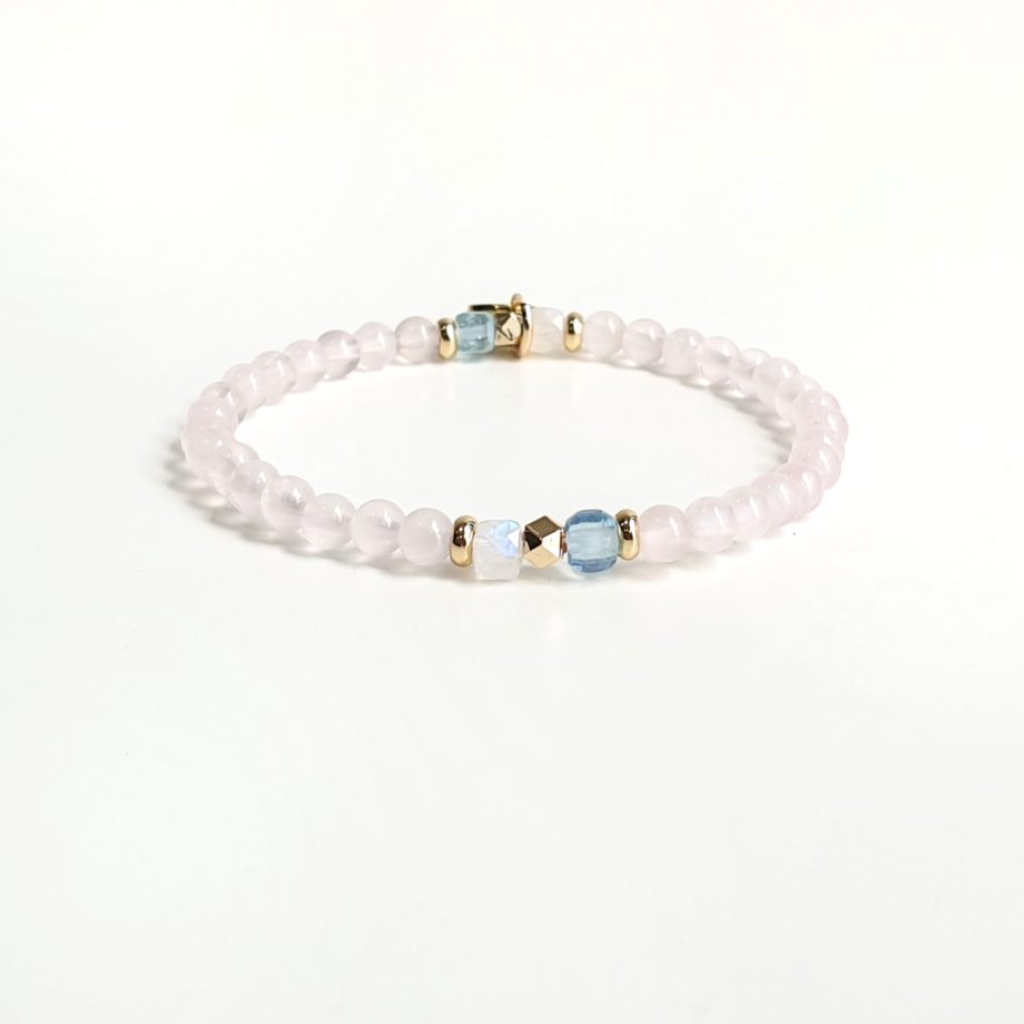Stackable Rose Quartz + Aquamarine +Moonstone Crystal Bracelet