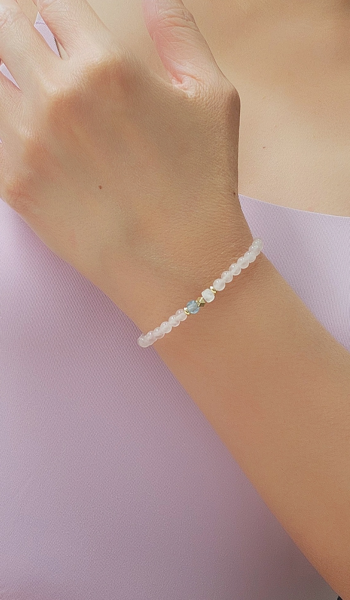 Stackable Rose Quartz + Aquamarine +Moonstone Crystal Bracelet