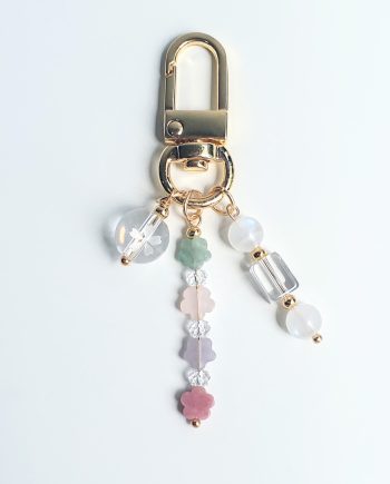 Harmonious Heart crystal charm with Moonstone, Amazonite, Amethyst, Rose Quartz, Rhodonite, and Clear Quartz – for balance, connection, and emotional harmony.